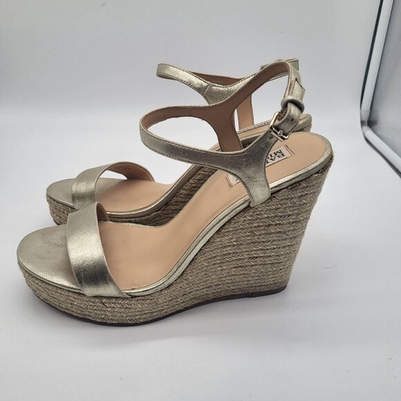 Badgley Mischka Womens SZ 10 Platform Straw Wedge Strappy Gold Metallic Sandals - Picture 4 of 13